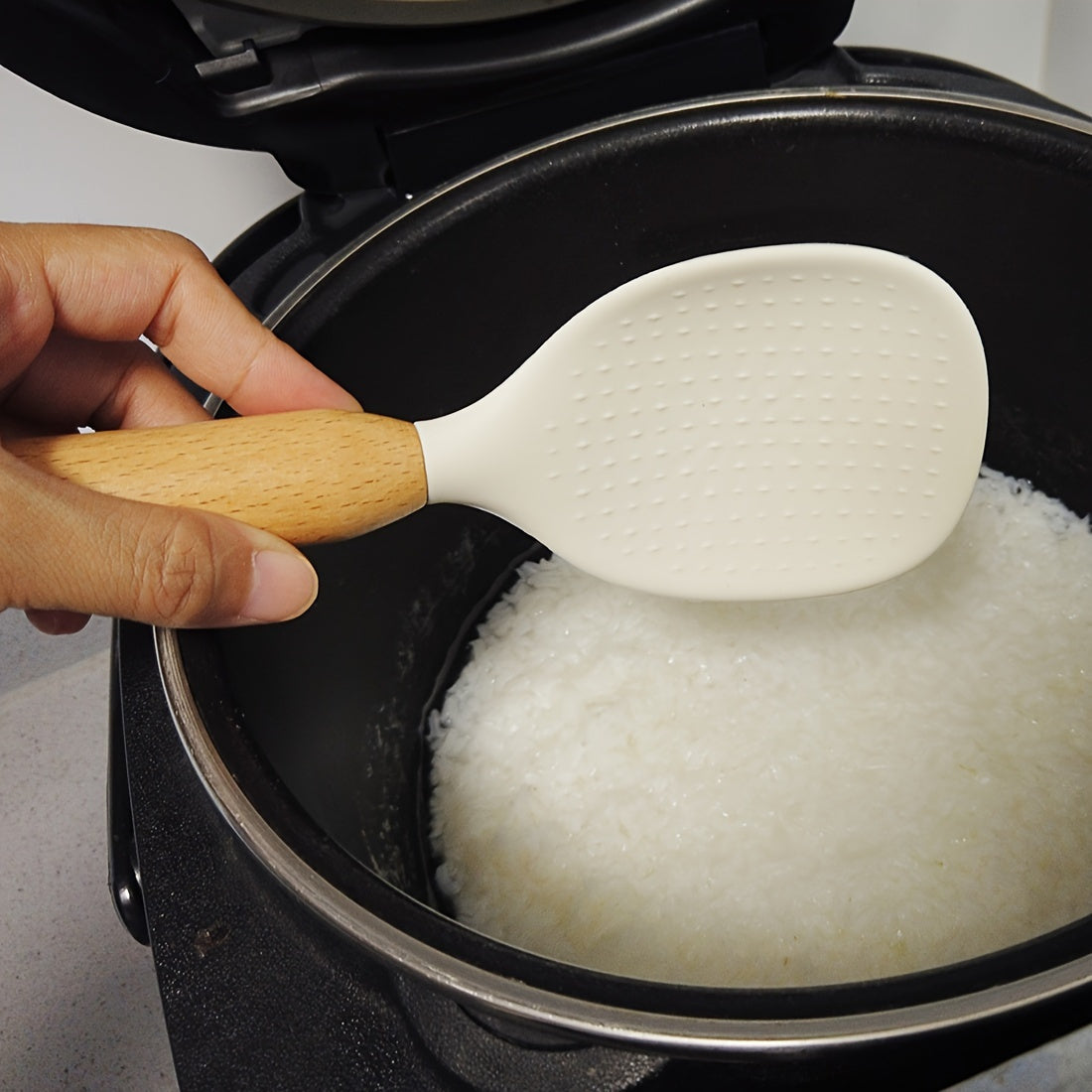 Ergonomic Silicone Rice Spoon with Wooden Handle