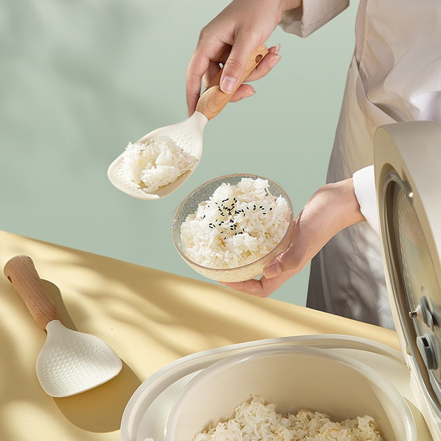 Ergonomic Silicone Rice Spoon with Wooden Handle