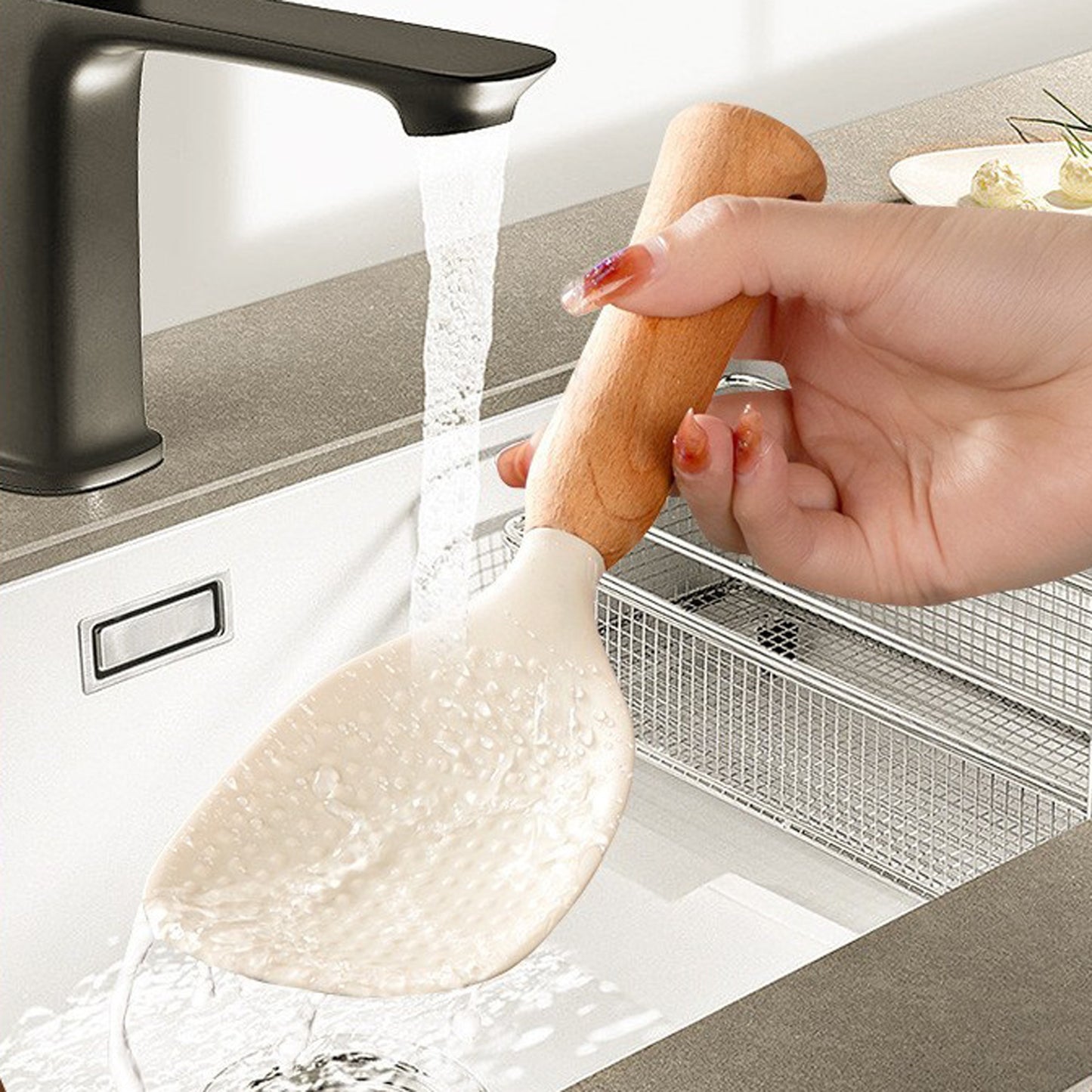 Ergonomic Silicone Rice Spoon with Wooden Handle