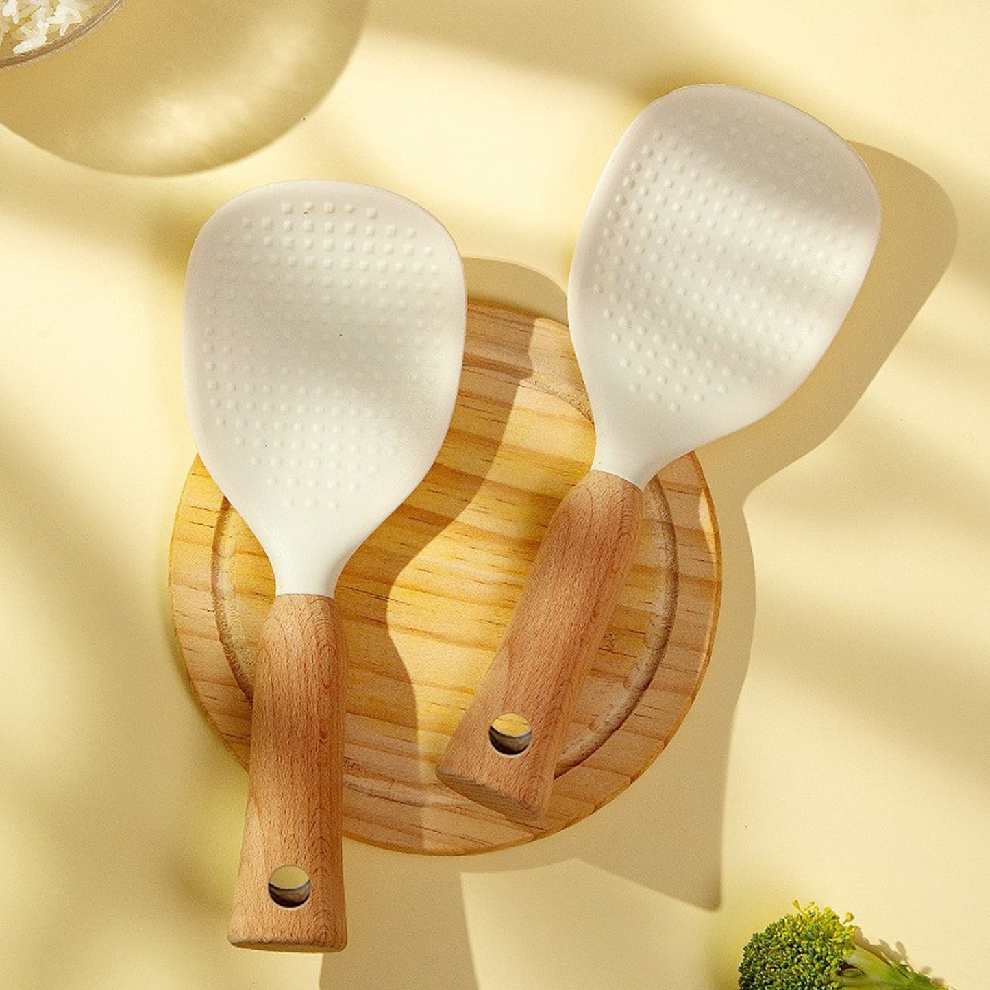 Ergonomic Silicone Rice Spoon with Wooden Handle